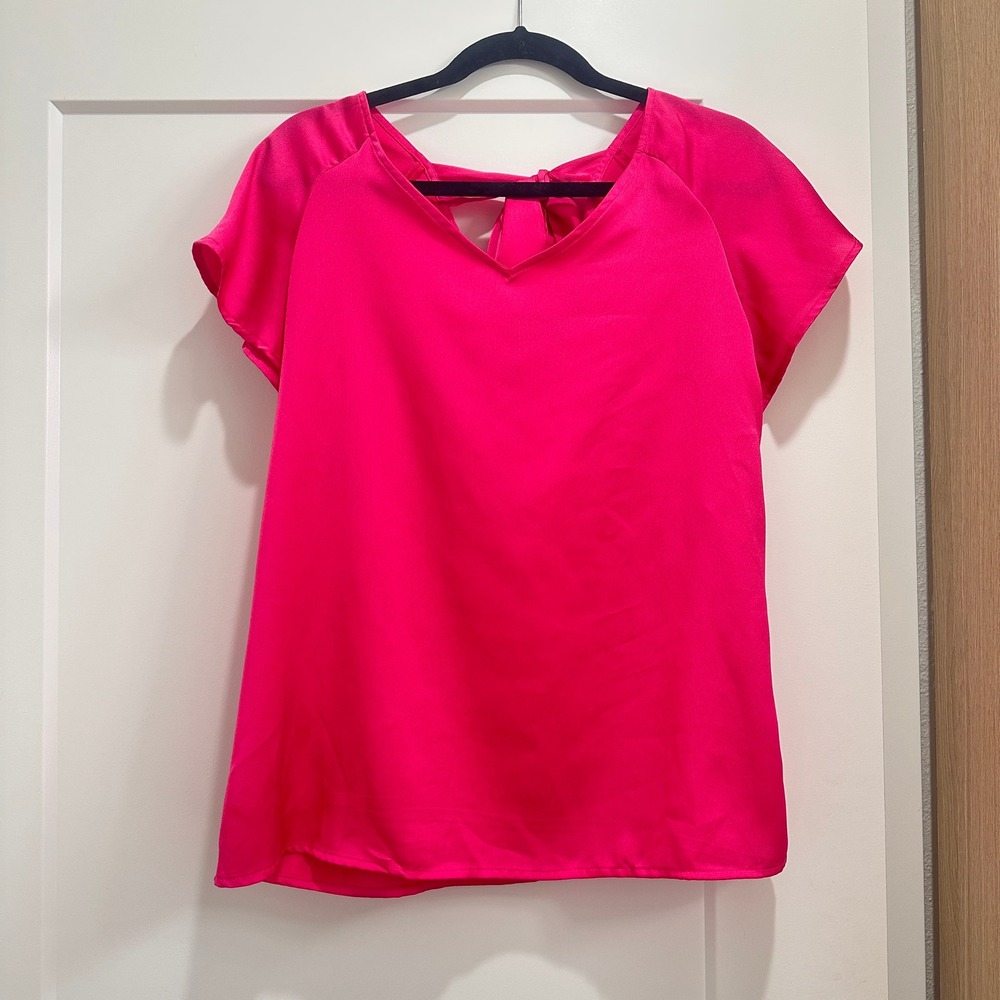 Nine West Womens Hot Pink V-Neck Short Sleeve Tie Back Blouse Size L